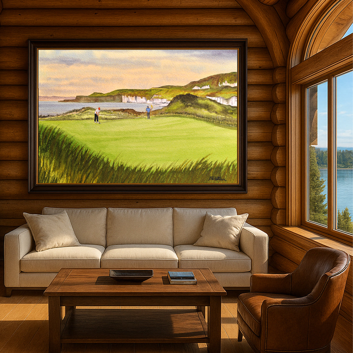 Scenic view of Royal Portrush Golf Course 5th Hole in unframed watercolor art style.
