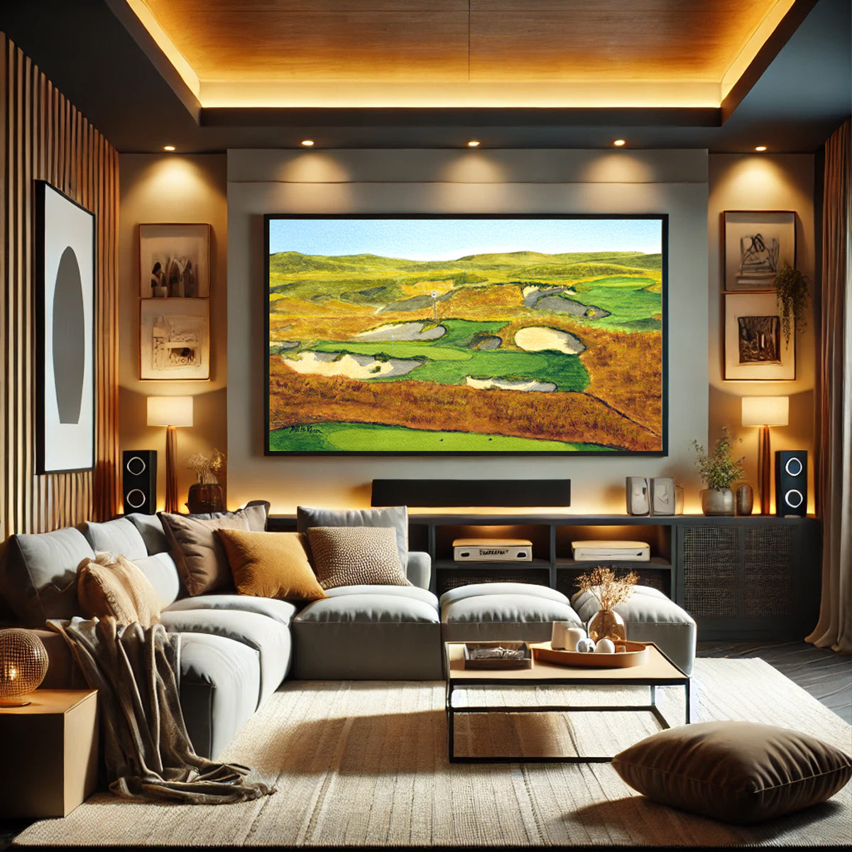 Golf-themed watercolor print of Sand Hills Golf Course Nebraska for office or study.