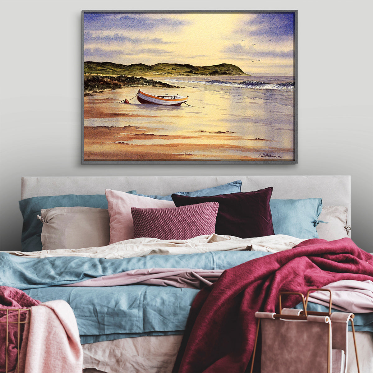 Peaceful sunrise watercolor of Mull of Kintyre in Scotland, a thoughtful gift for beach and nature lovers.