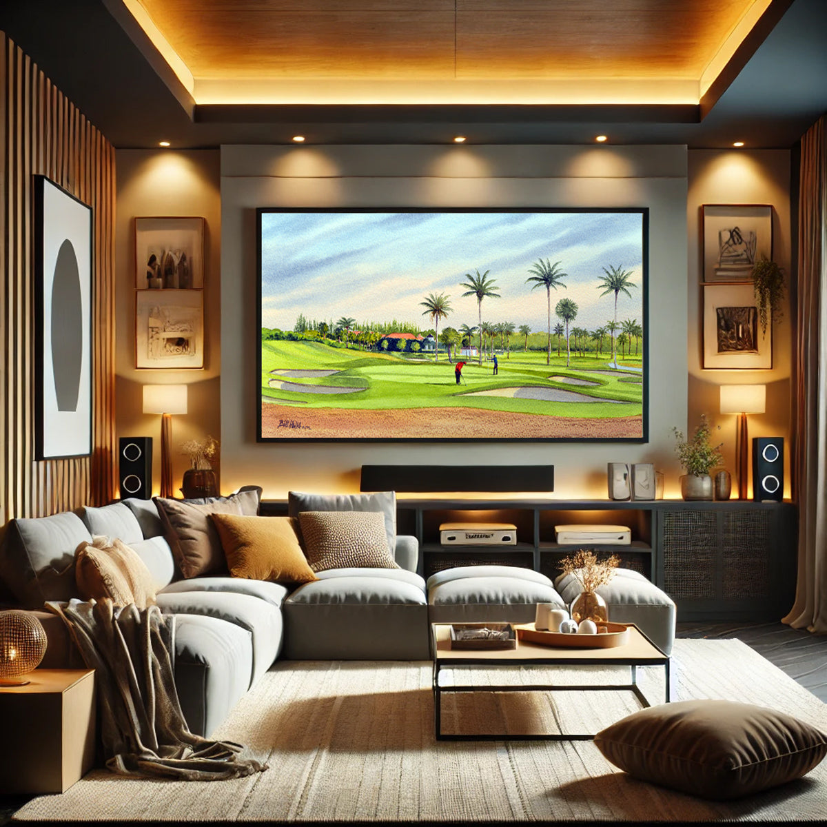 Golf-themed watercolor print of Seminole Golf Course Florida 17th Green for office or study.