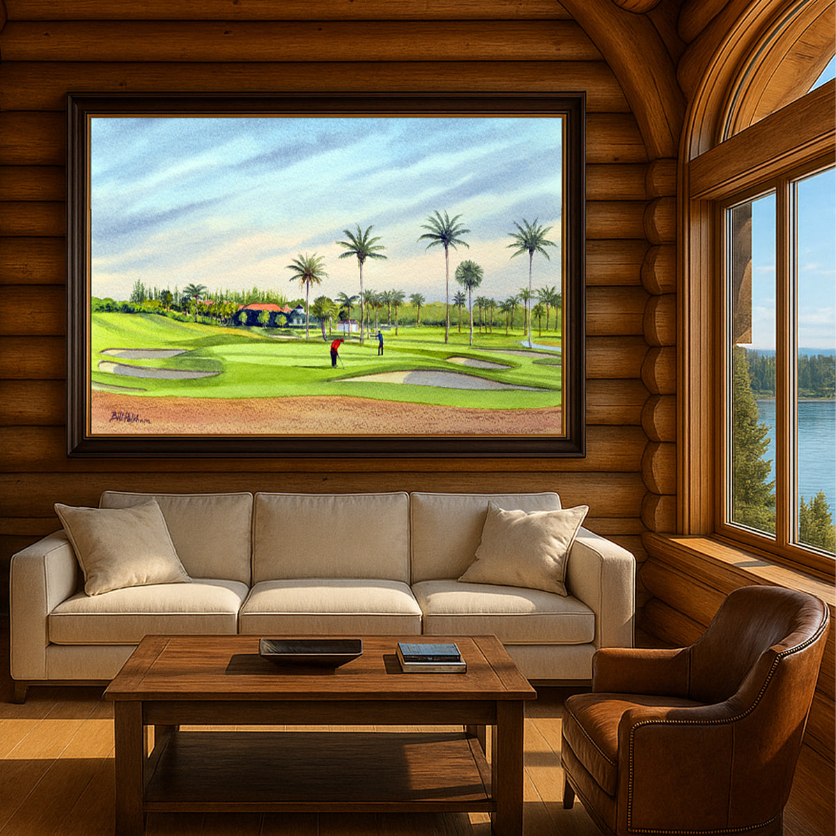 Scenic view of Seminole Golf Course Florida 17th Green unframed watercolor art style.