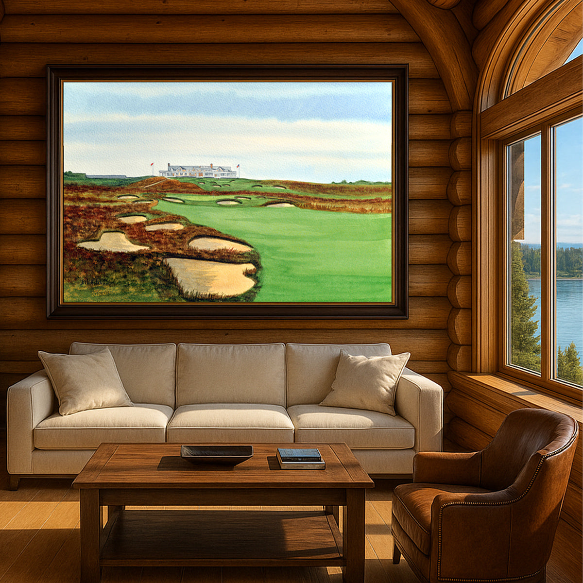 Scenic view of Shinnecock Hills Golf Course Clubhouse View in unframed watercolor art style.