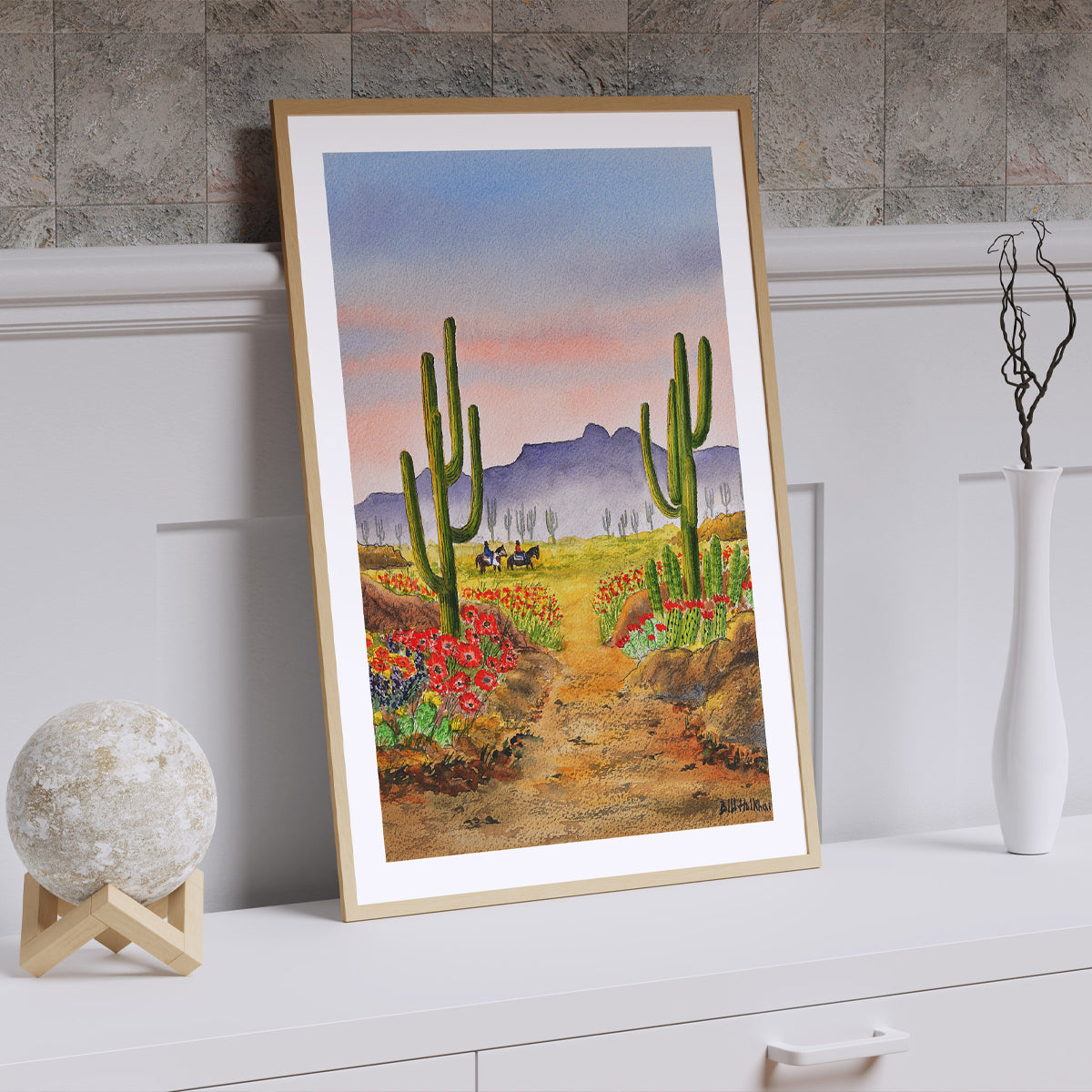 Blooming Arizona desert captured in watercolor, great for adding warmth and elegance to your walls.