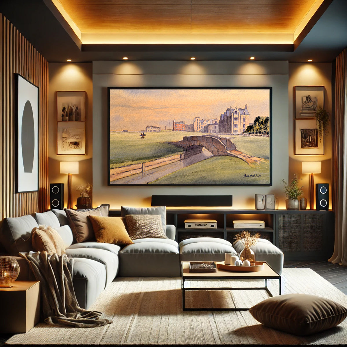 Golf-themed watercolor print of St Andrews Golf Course Scotland 18th Hole for office or study.