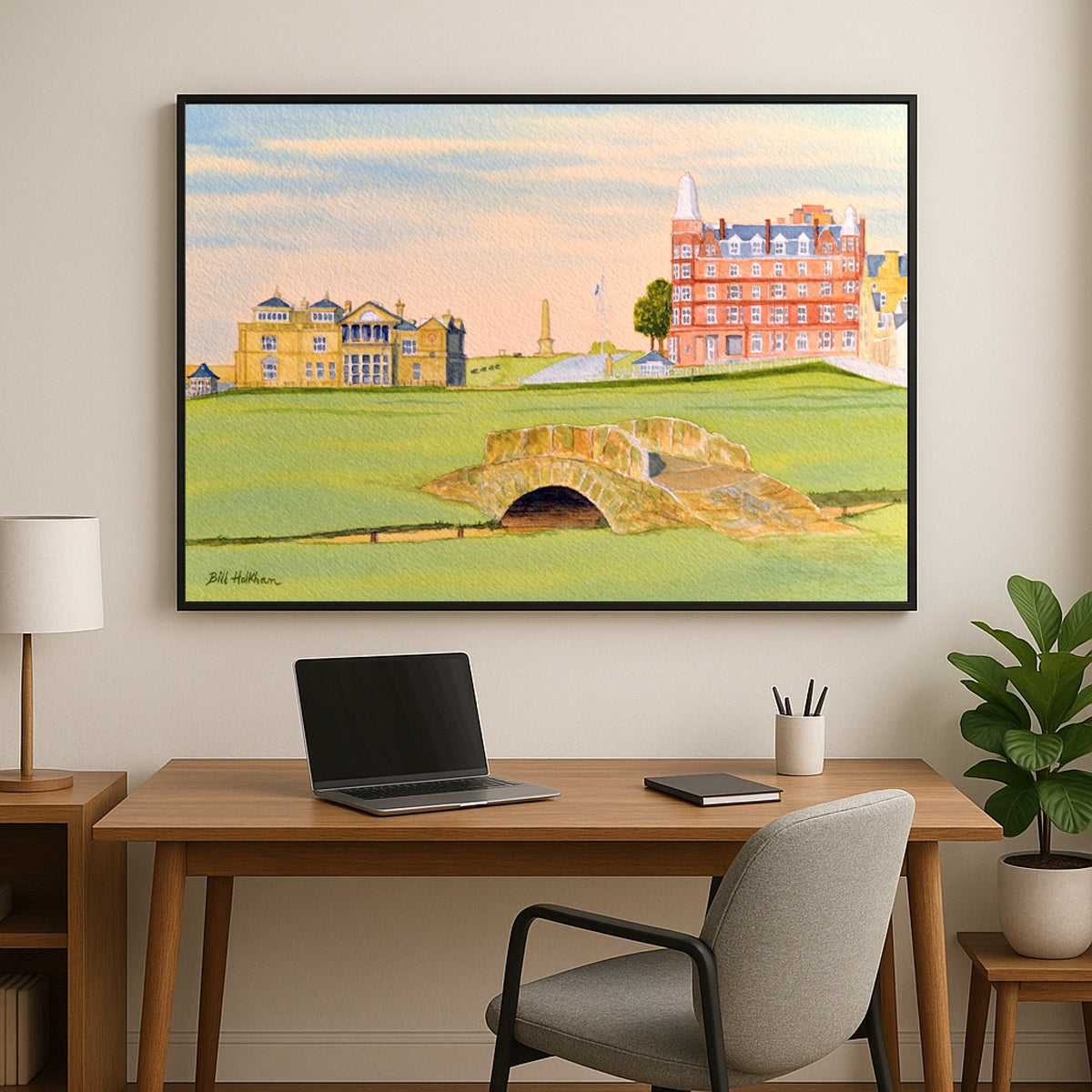 Scenic view of St Andrews Golf Course Scotland in unframed watercolor art style.
