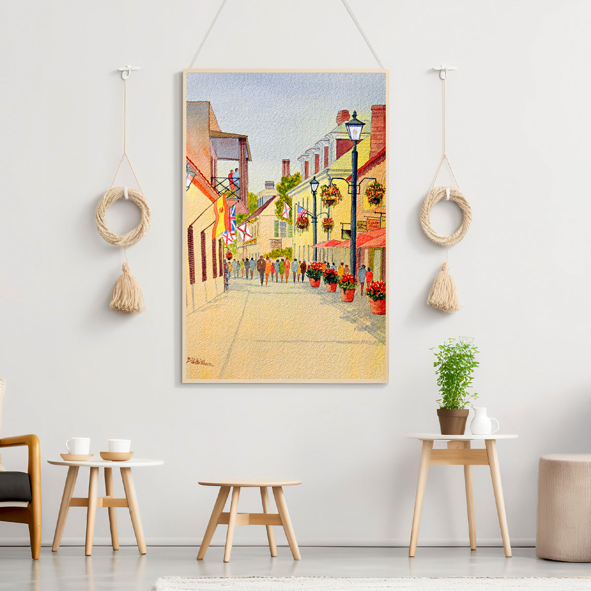Watercolor art print of Aviles Street in St. Augustine, perfect for coastal home decor or office wall art.