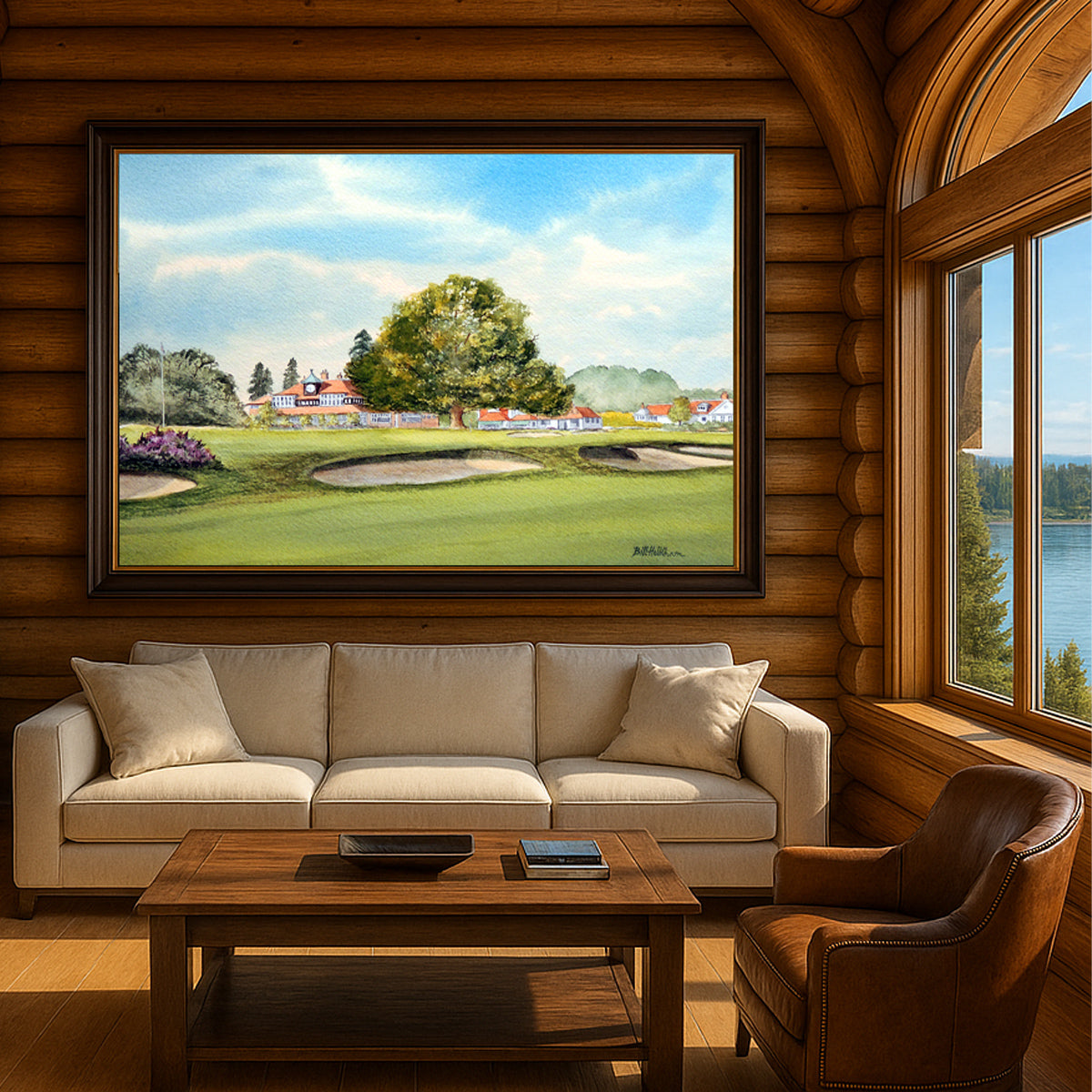 Scenic view of Sunningdale Golf Course 18th Green in unframed watercolor art style.