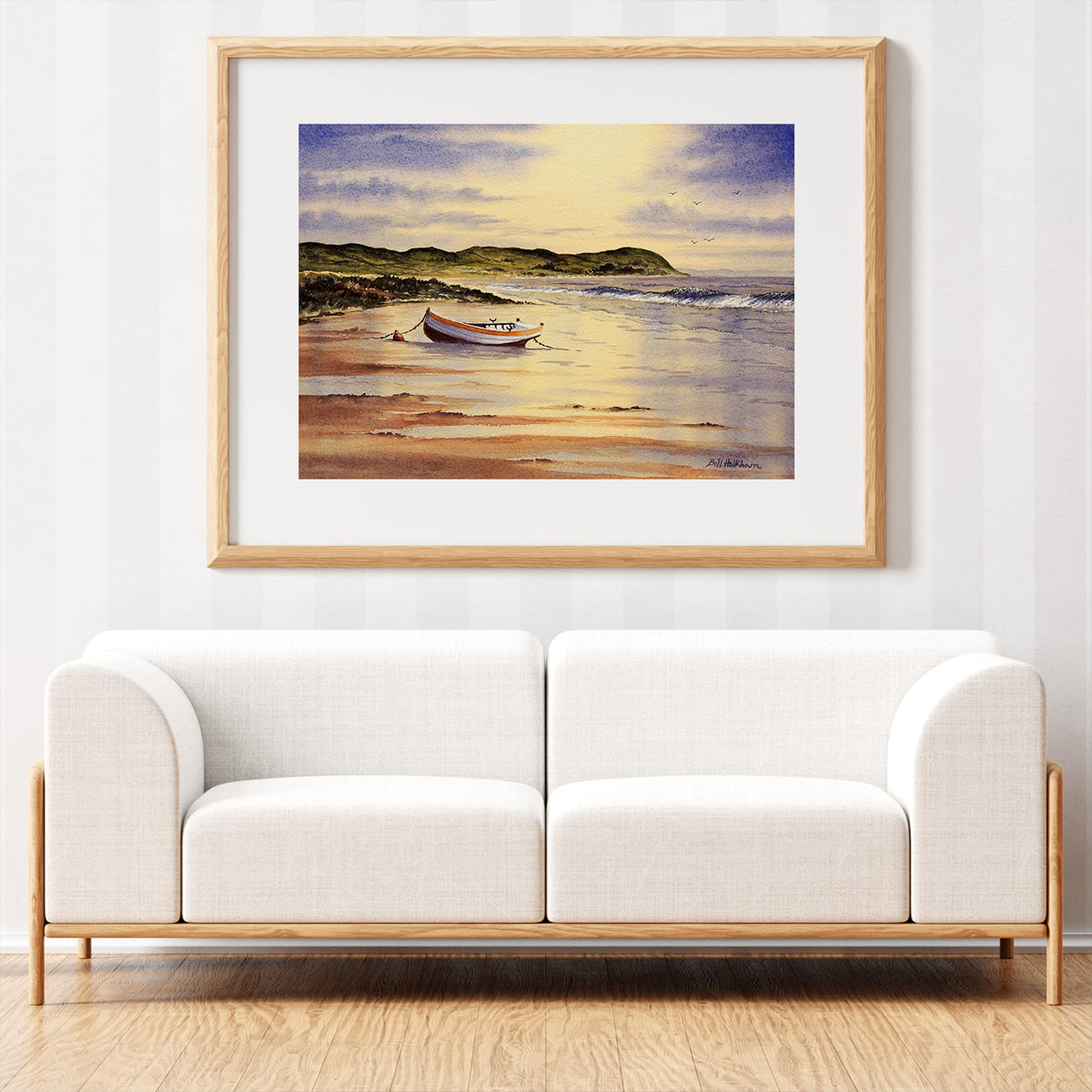Mull of Kintyre beach at sunrise captured in watercolor, a beautiful art print for coastal interiors.