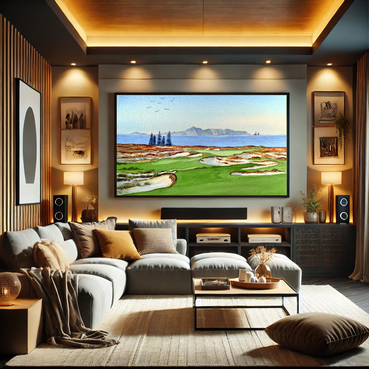 Golf-themed watercolor print of Tara Iti Golf Course New Zealand for office or study.