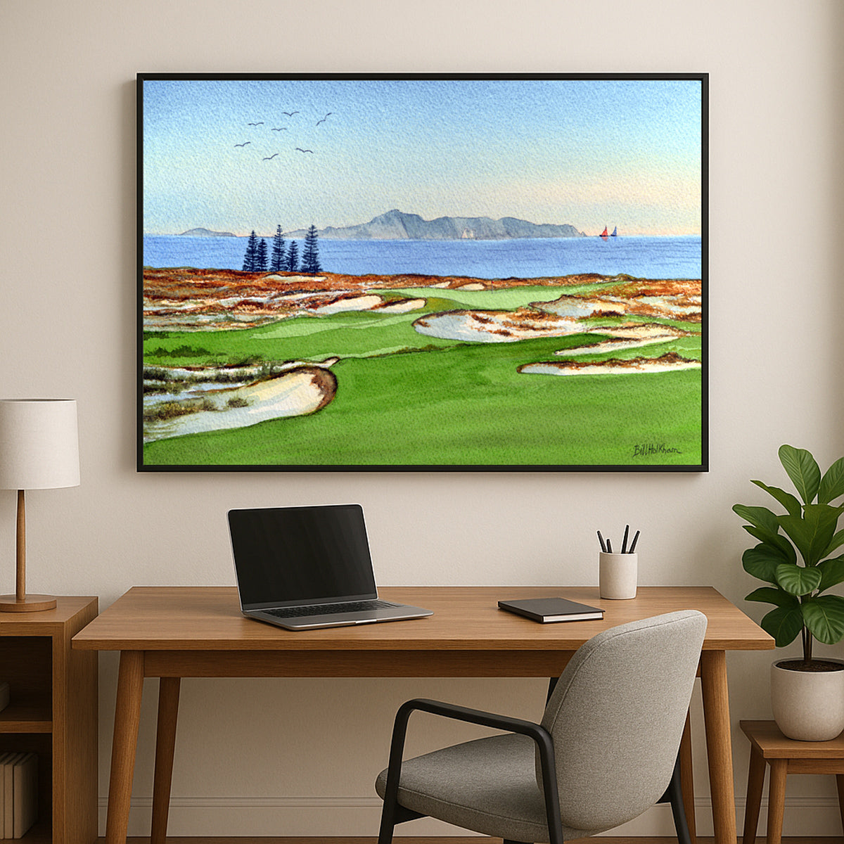Perfect gift for golf lovers: Tara Iti Golf Course New Zealand watercolor print.