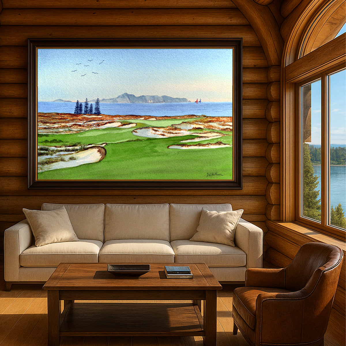 Scenic view of Tara Iti Golf Course New Zealand in unframed watercolor art style.