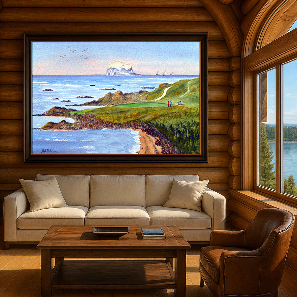 Scenic view of The Glen Golf Course North Berwick Scotland 13th hole in unframed watercolor art style.