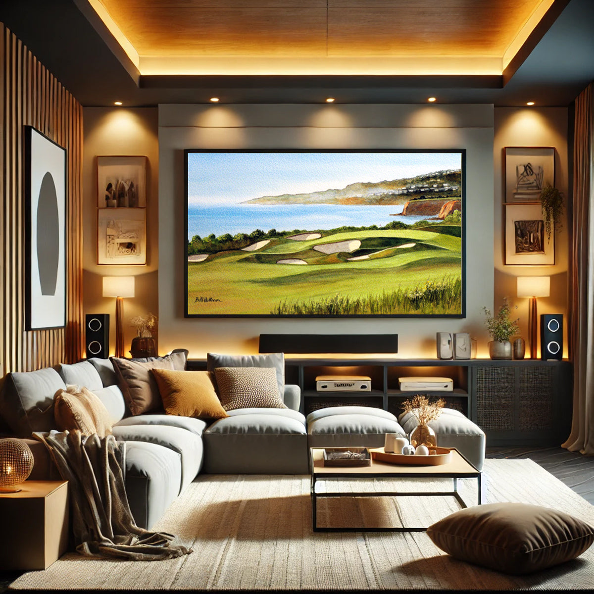 Golf-themed watercolor print of The National Golf Course Los Angeles for office or study.