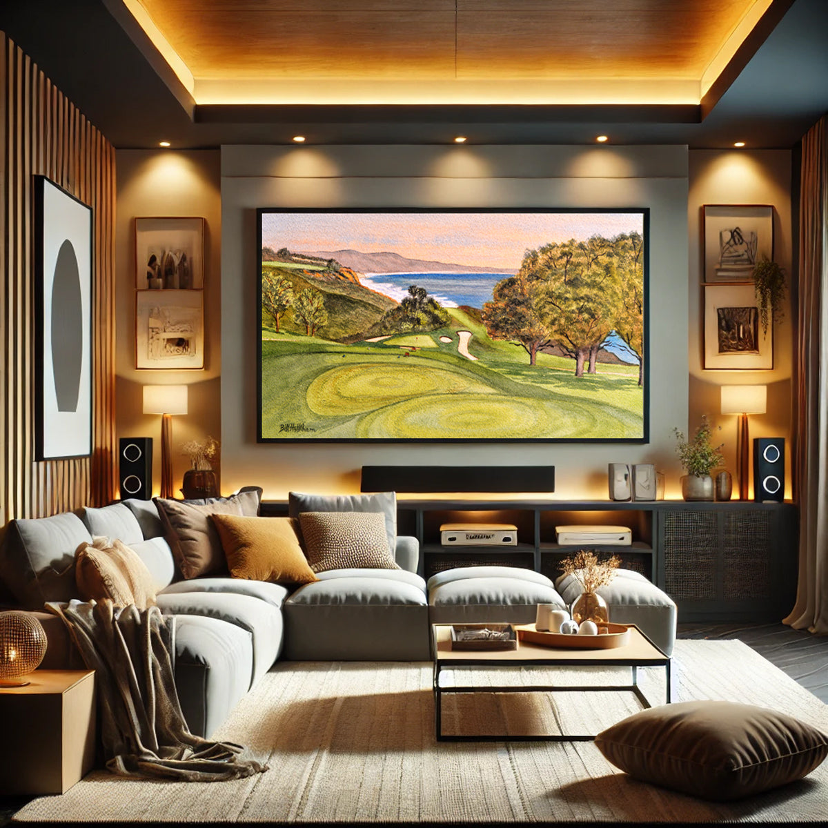 Golf-themed watercolor print of Torrey Pines Golf Course 6th Hole for office or study.