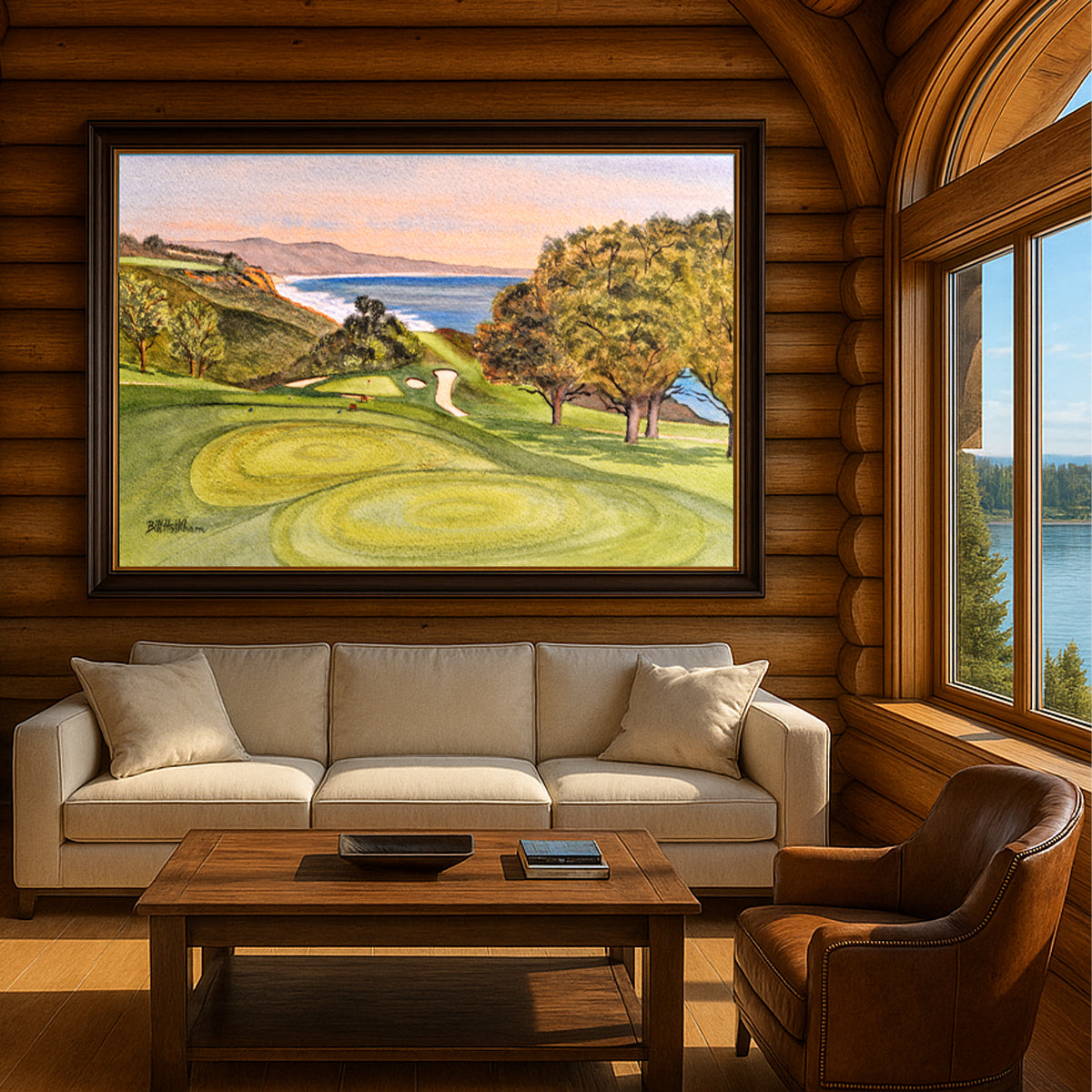 Scenic view of Torrey Pines Golf Course 6th Hole in unframed watercolor art style.