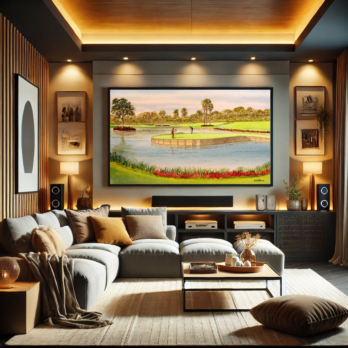 Golf-themed watercolor print of TPC Sawgrass Golf Course 17th Green for office or study.