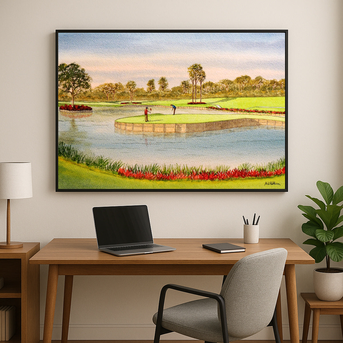 Perfect gift for golf lovers: TPC Sawgrass Golf Course 17th Green watercolor print.