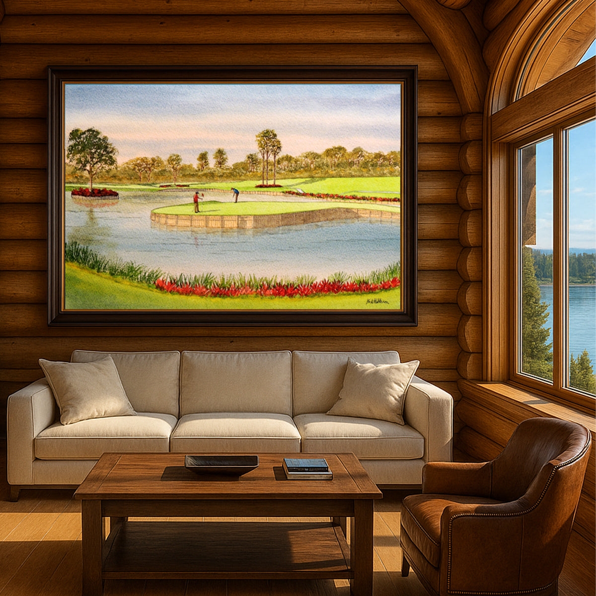 Scenic view of TPC Sawgrass Golf Course 17th Green in unframed watercolor art style.