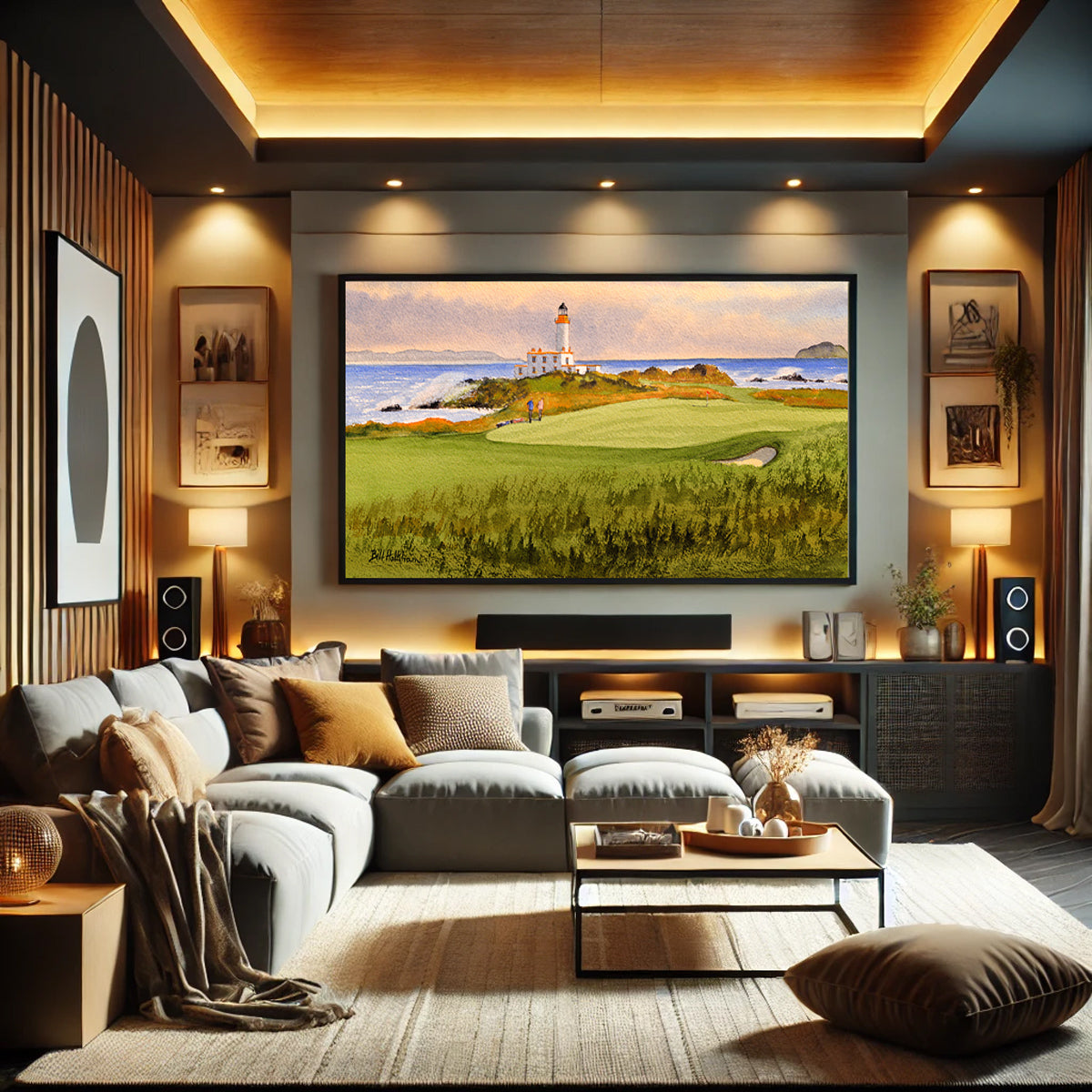 Golf-themed watercolor print of Turnberry Golf Course Scotland 9th Green for office or study.