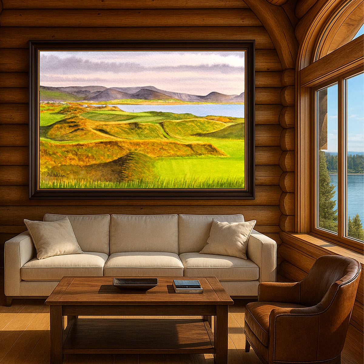 Scenic view of Waterville Links Golf Course Hole 17 County Kerry Ireland in unframed watercolor art style.