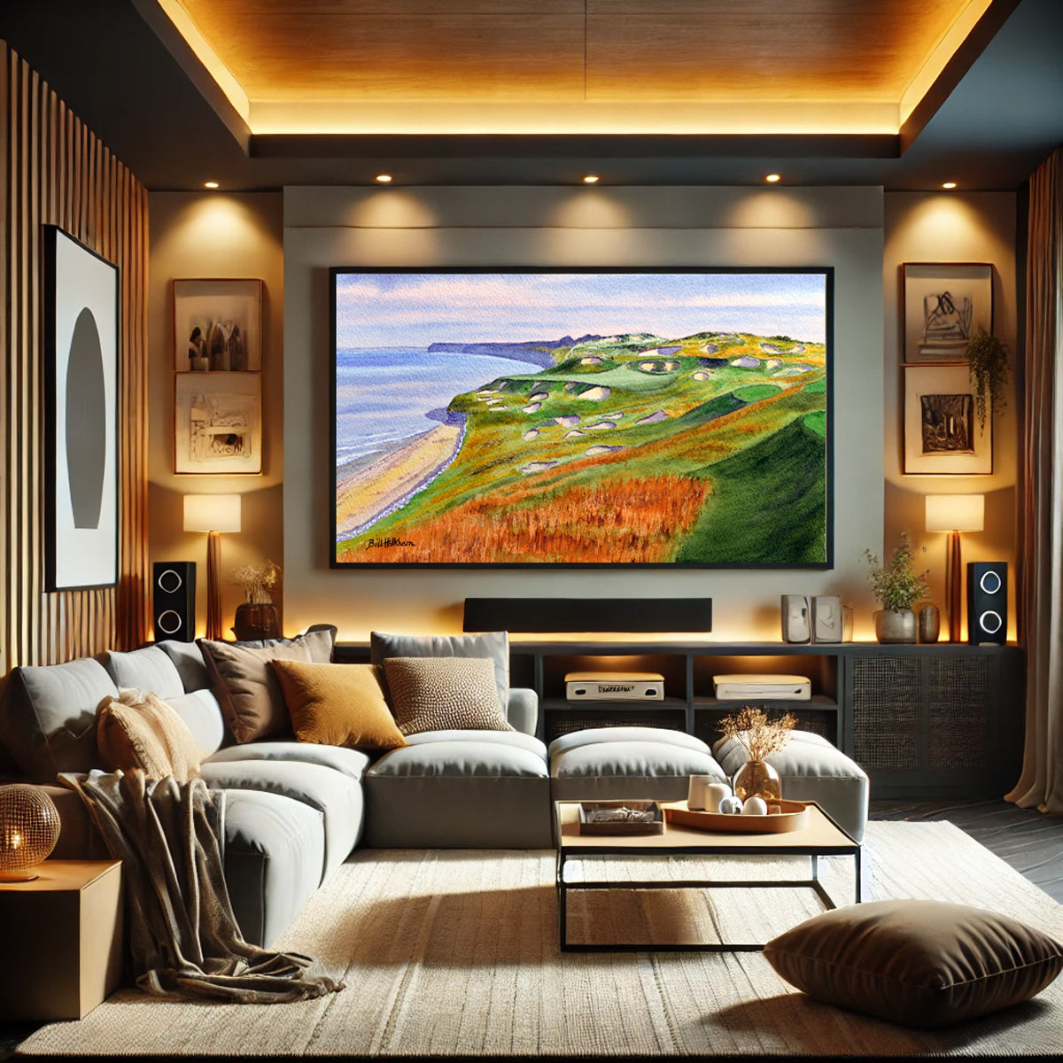 Golf-themed watercolor print of Whistling Straits Golf Course Hole 3 for office or study.