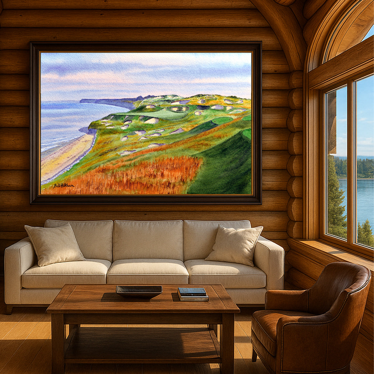 Scenic view of Whistling Straits Golf Course Hole 3 in unframed watercolor art style.