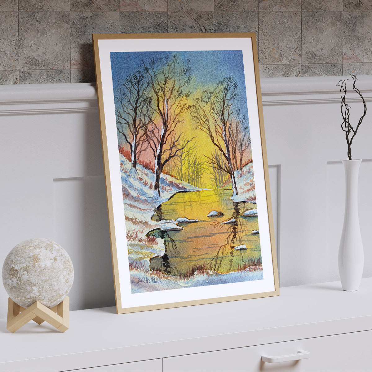 Winter landscape art print of England in soft watercolor tones, great for home or holiday decor.