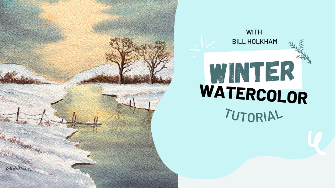 Beginner winter watercolor landscape painting tutorial by Bill Holkham featuring a peaceful snowy scene with soft reflections and atmospheric watercolor techniques