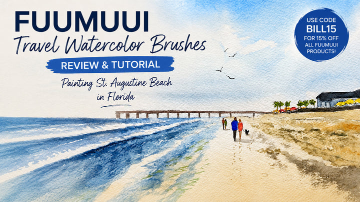 Fuumuui travel watercolor brushes review featuring a St Augustine Beach watercolor tutorial by Bill Holkham