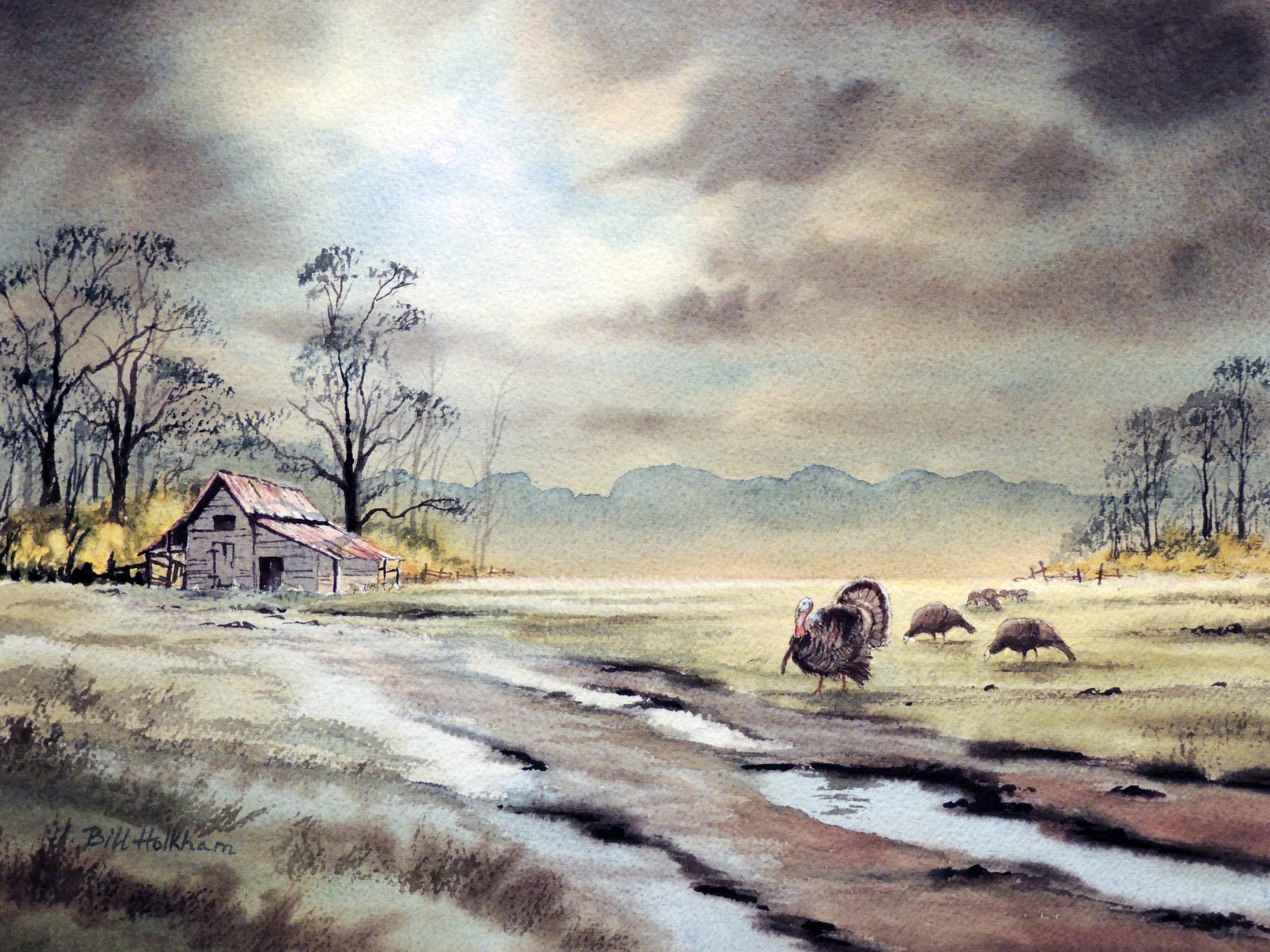 Watercolor Wildlife Art Print Of Turkeys On A Farmyard