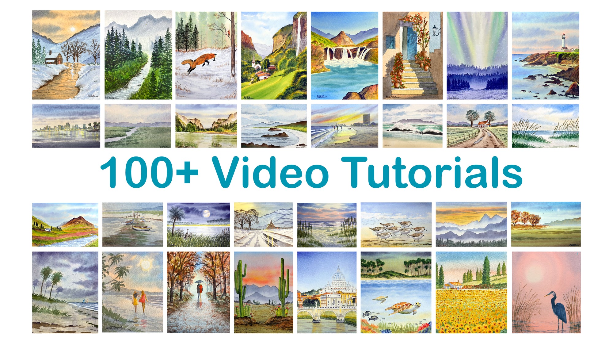 100+ watercolor tutorials for beginners — landscapes, wildlife, coastal scenes, florals and cities