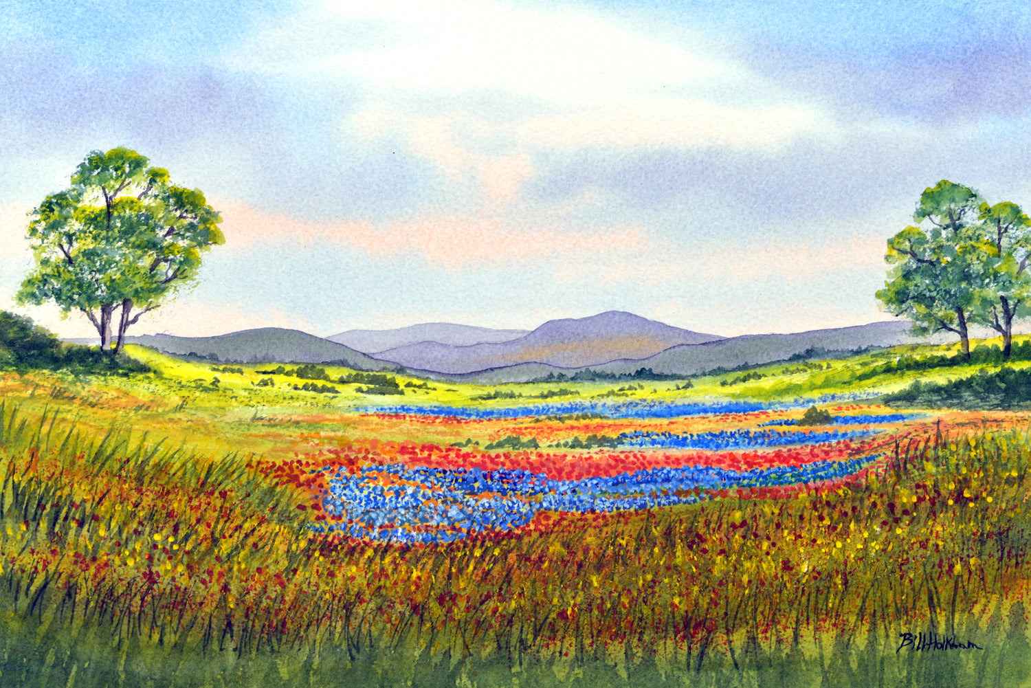 Bluebonnet Fields in Texas — Watercolor by Bill Holkham