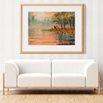 Elk Beside A Misty River