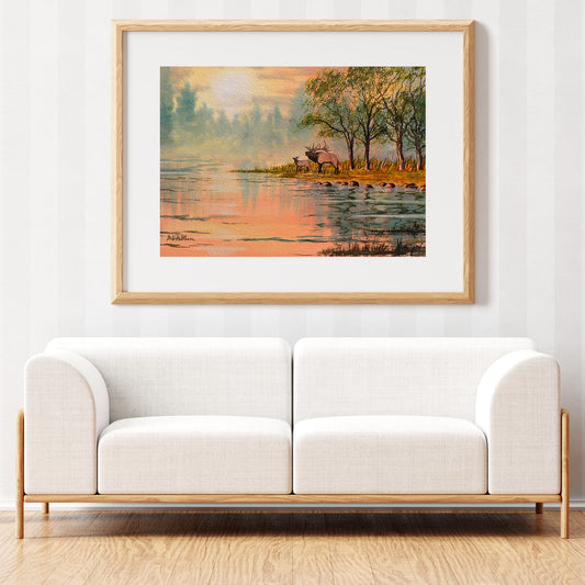 Elk Beside A Misty River