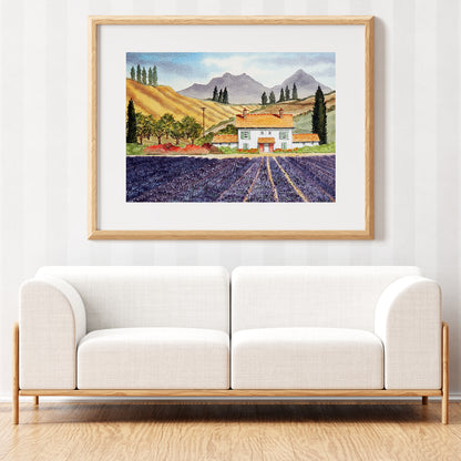 Watercolor Art Print of Lavender Fields Provence France