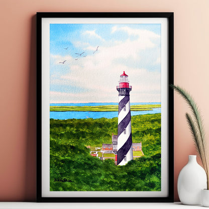 St Augustine Lighthouse Watercolor Travel Art Print Gift