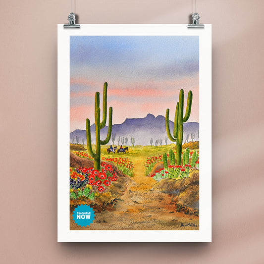 Watercolor art print of Arizona desert flowers, perfect for southwestern home decor and wall art.