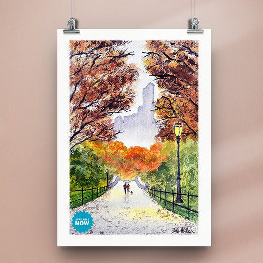 Watercolor art print of Gapstow Bridge in Central Park, New York, ideal for classic home or office decor.