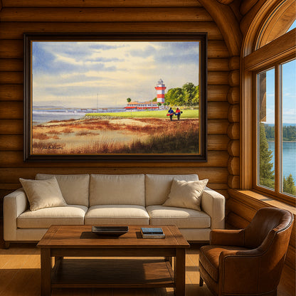 Scenic view of Harbor Town Golf Course in unframed watercolor art style.