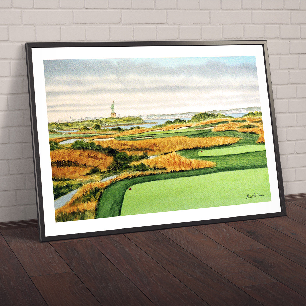 Watercolor art print of Liberty National Golf Course New Jersey Hole 14, unframed.