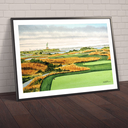 Watercolor art print of Liberty National Golf Course New Jersey Hole 14, unframed.