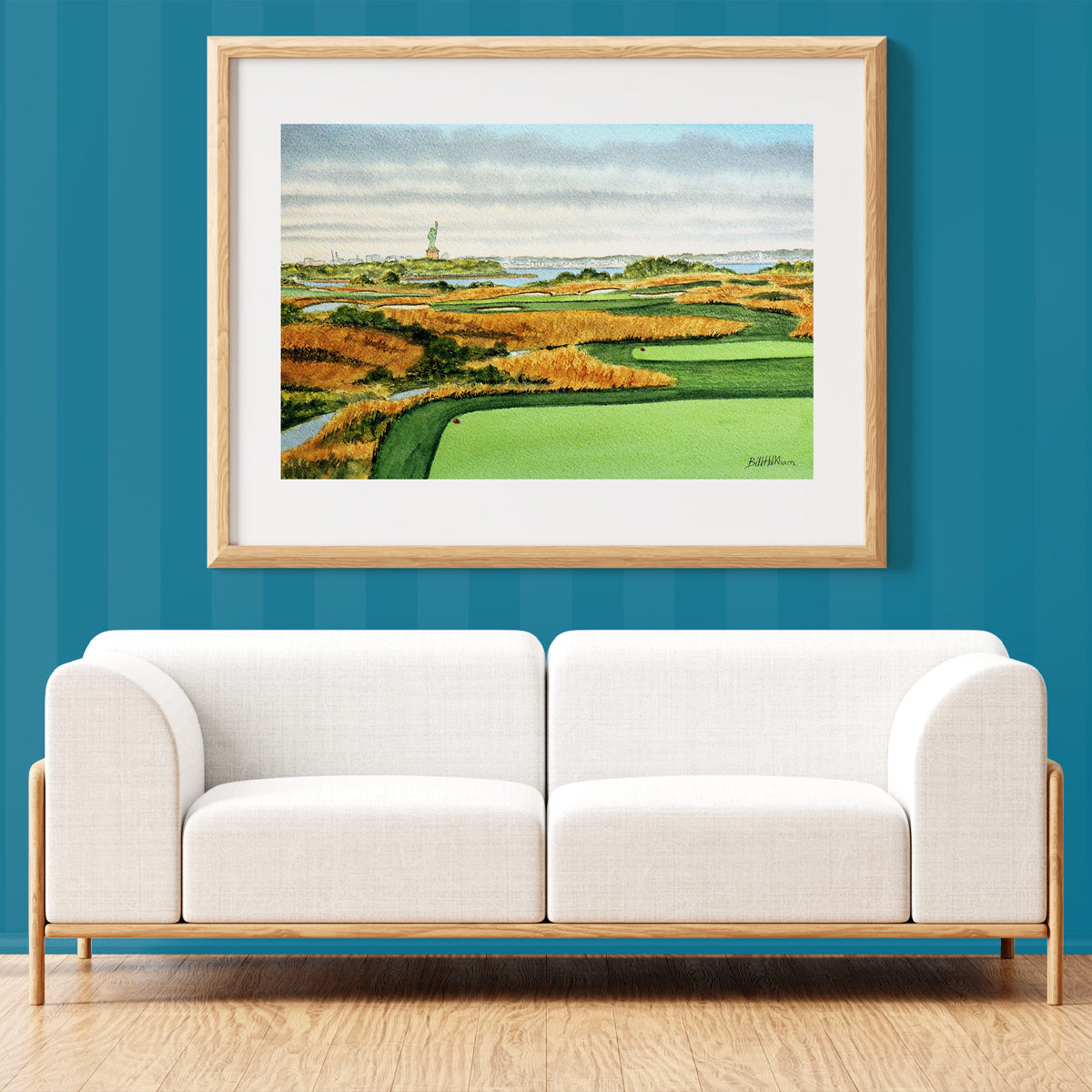 Unframed wall art painting of Liberty National Golf Course New Jersey Hole 14 for home decor.
