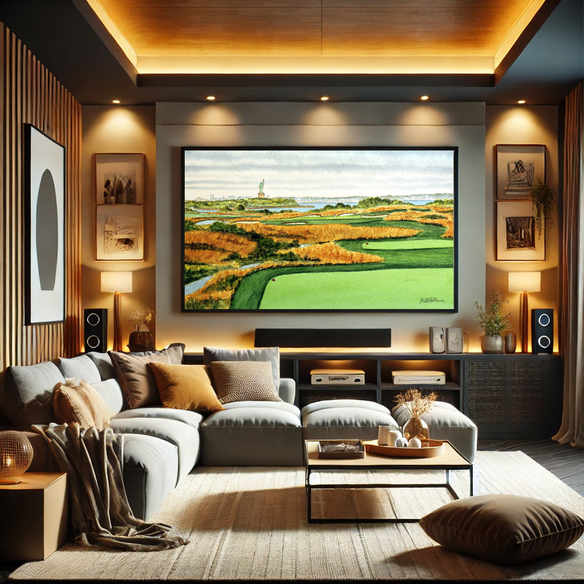 Golf-themed watercolor print of Liberty National Golf Course New Jersey Hole 14 for office or study.