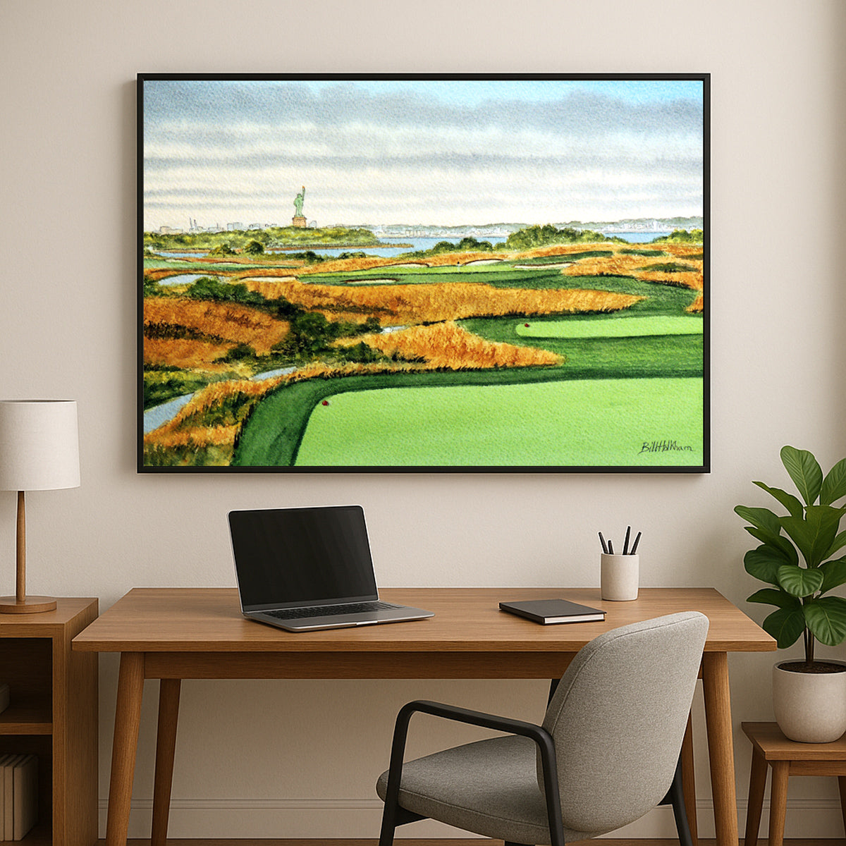 Perfect gift for golf lovers: Liberty National Golf Course New Jersey Hole 14 watercolor print.