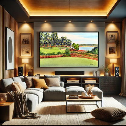 Golf-themed watercolor print of May River Palmetto Bluff South Carolina 14th Hole for office or study.