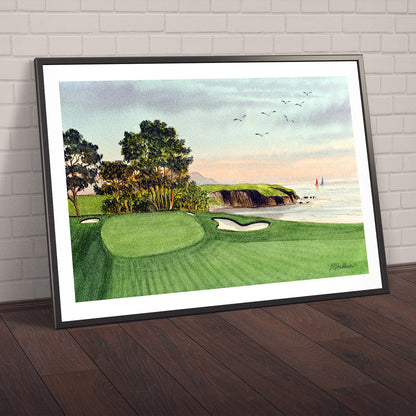 Watercolor art print of Pebble Beach Golf Course 5th Hole, unframed.
