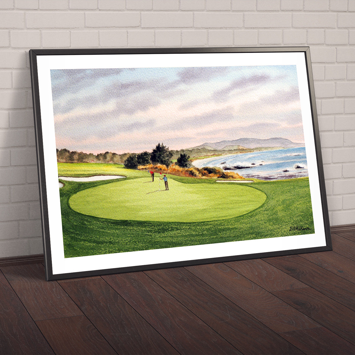 Watercolor art print of Pebble Beach Golf Course 8th Green, unframed.