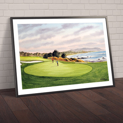 Watercolor art print of Pebble Beach Golf Course 8th Green, unframed.