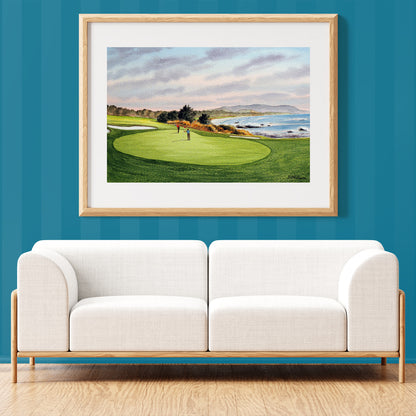 Golf-themed watercolor print of Pebble Beach Golf Course 8th Green for office or study.