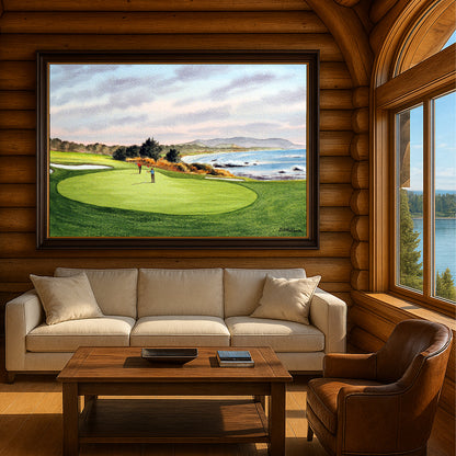 Unframed wall art painting of Pebble Beach Golf Course 8th Green for home decor.